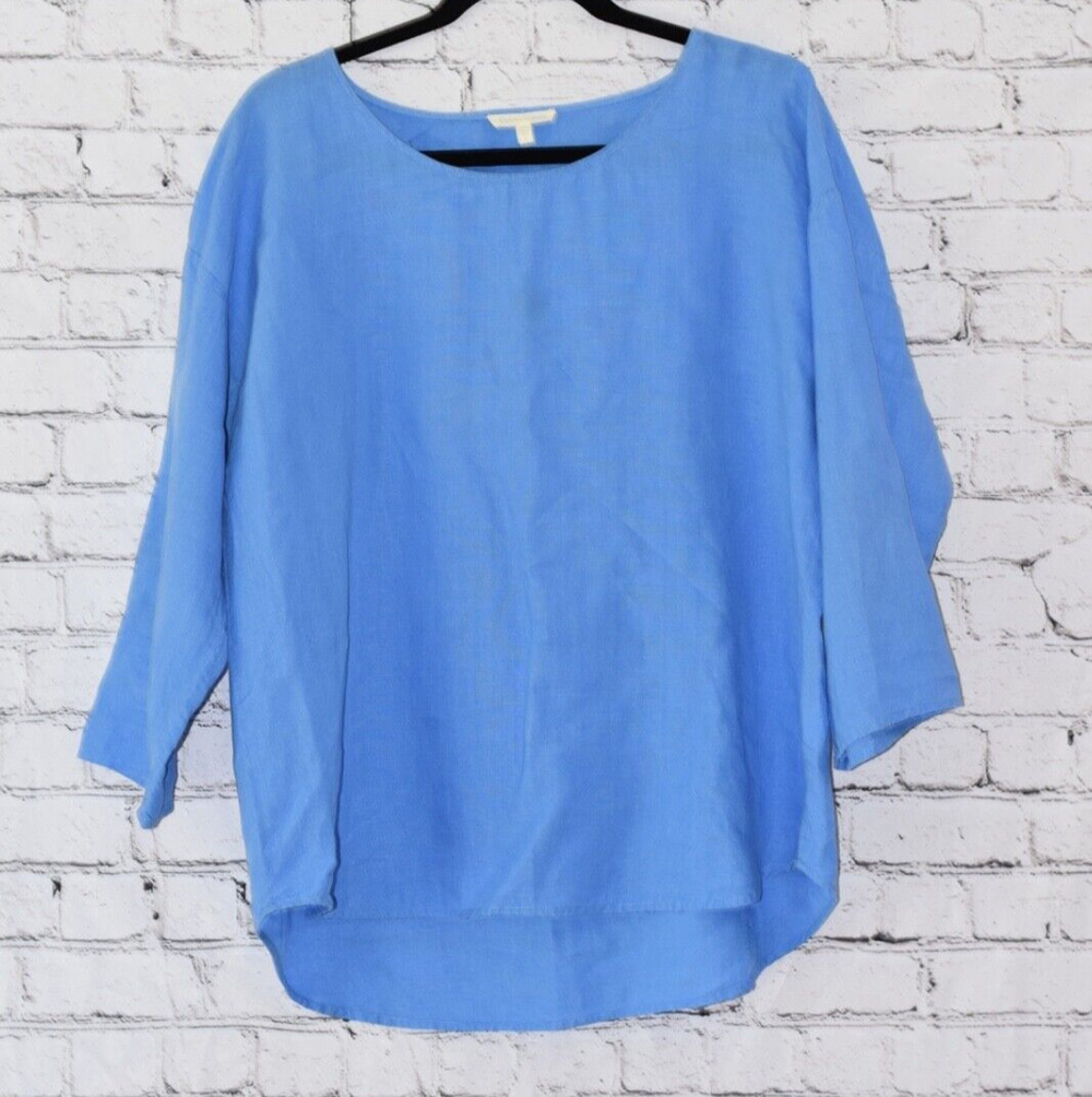 Eileen Fisher Washed Organic Linen Blue Handkerchief Tunic Blouse Size Small